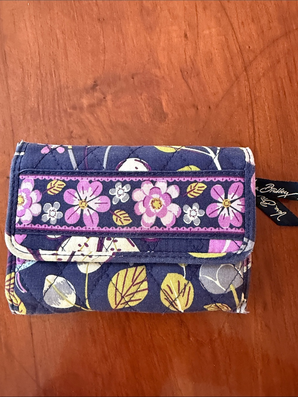 Vera Bradley Quilted Floral Trifold Wallet in Navy, Pink & Yellow Floral